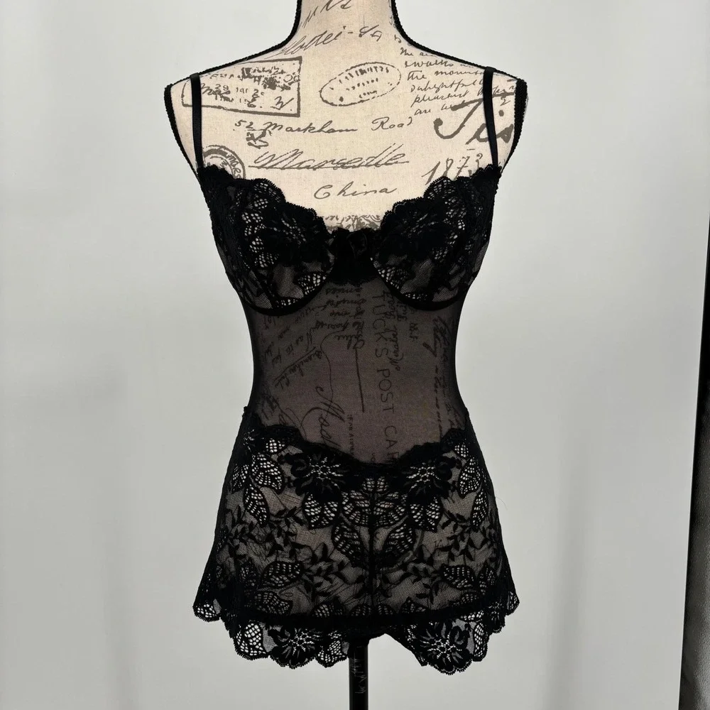 Victoria's Secret Vintage Lace Mesh Teddy Bodysuit Black Size 34C